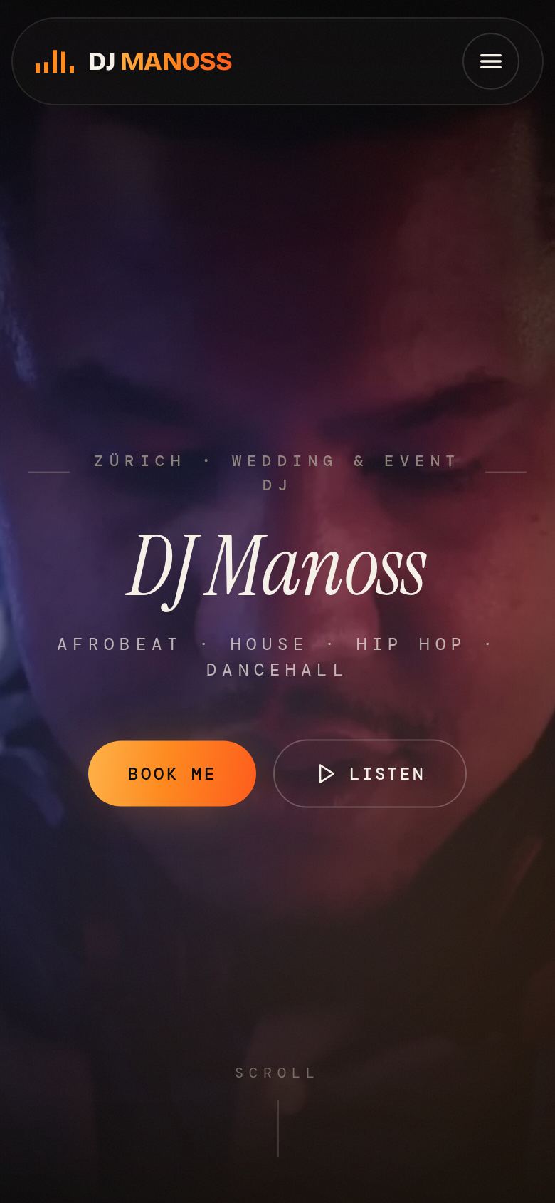 DJ Manoss wedding DJ website on a phone, built by Webders