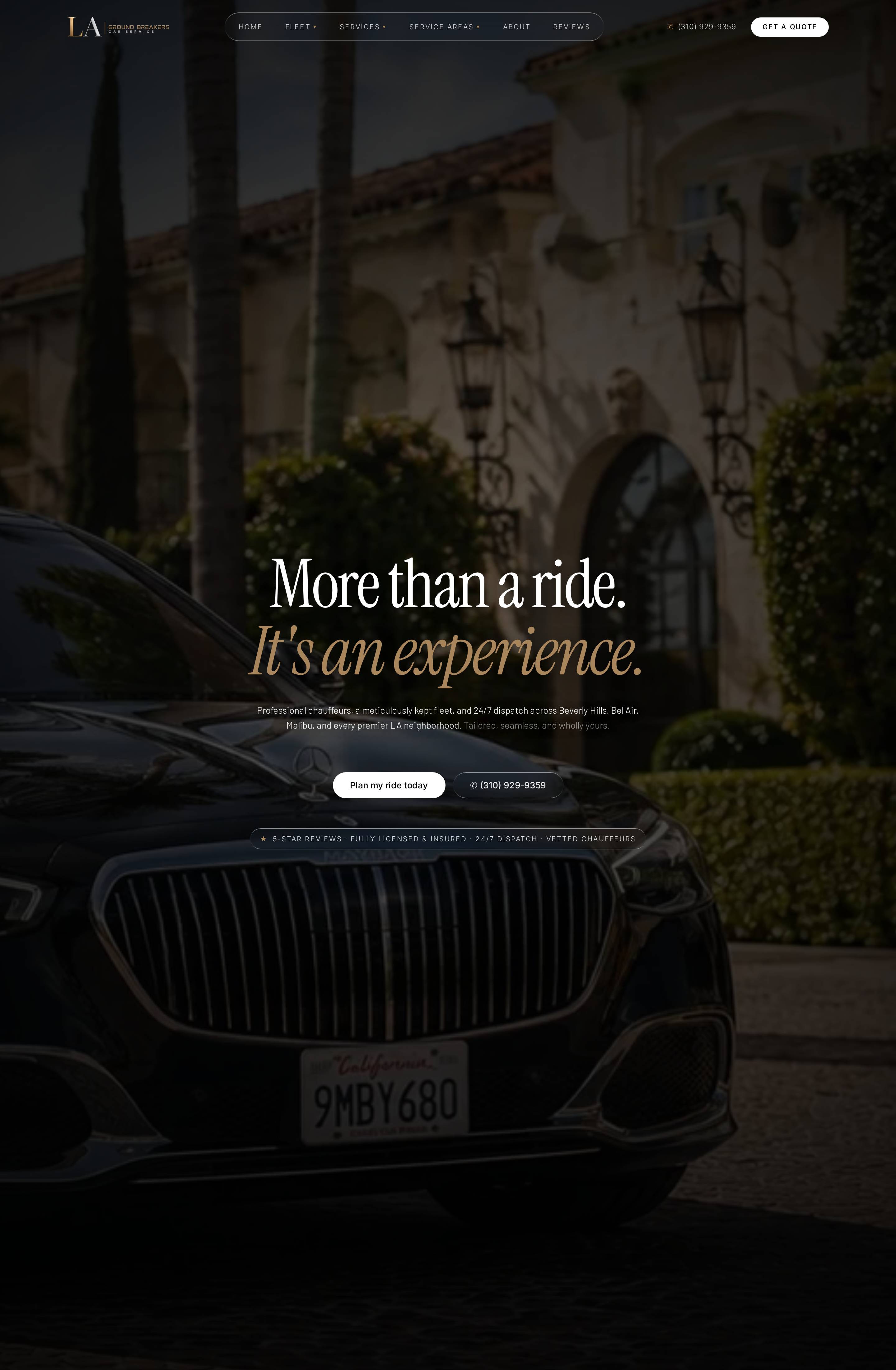 Full-page view of the LA Groundbreakers chauffeur website, built by Webders