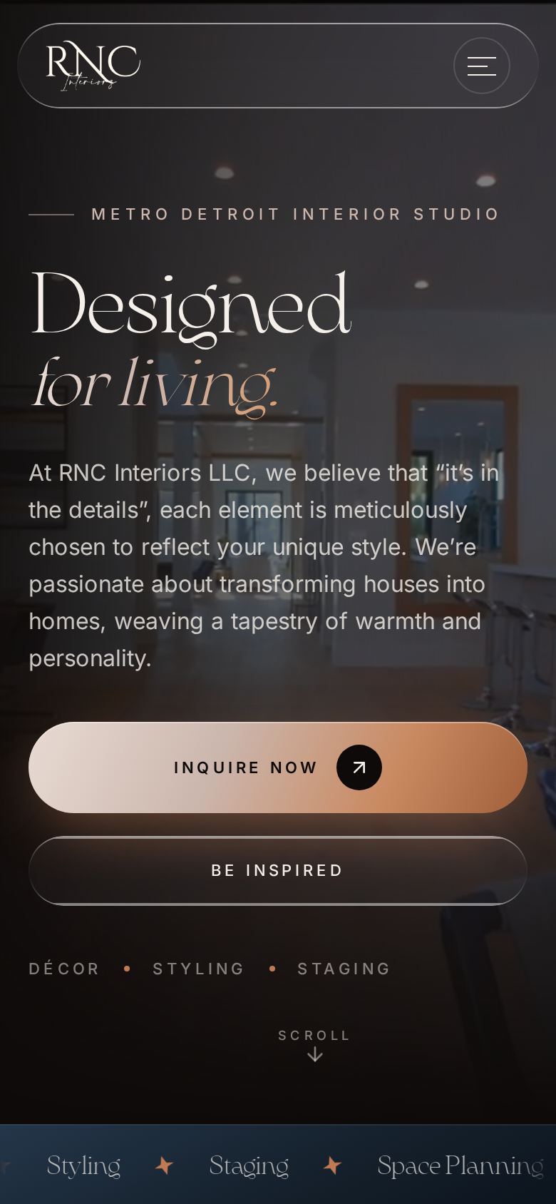 RNC Interiors website on a phone, built by Webders