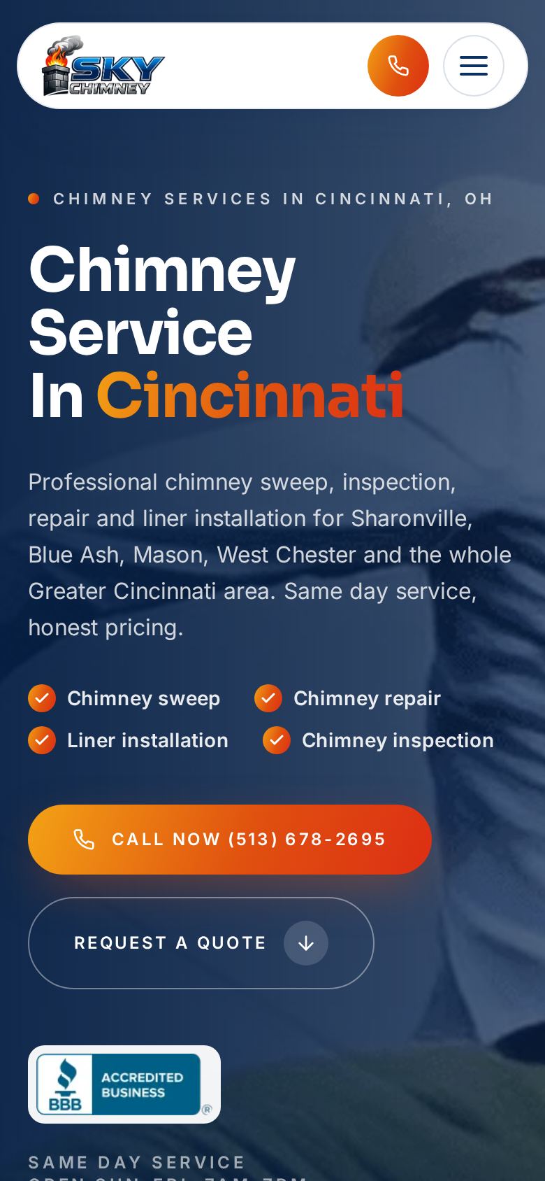 Sky Chimney Service mobile website built by Webders