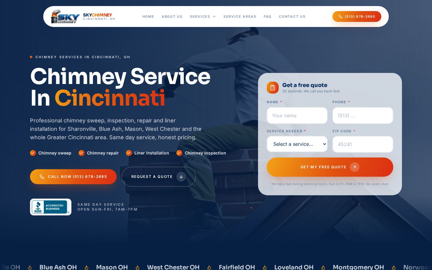Sky Chimney Service Cincinnati website, built by Webders